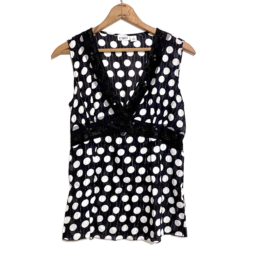 Cato Polka Dot Sequin Lace Trim Cami Tank Sleeveless Fitted V-Neck Blouse Top M